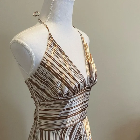 Satin-Like, Brown and White Striped Dress with Halter Top - Picture 4 of 8